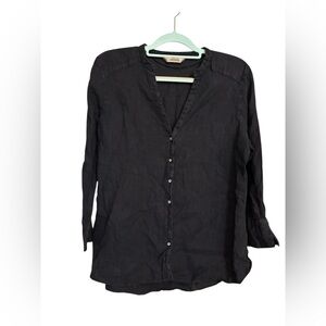 Lightweight Zara Basic Navy Casual Button-Up V-neck Shirt with 3/4 Sleeves